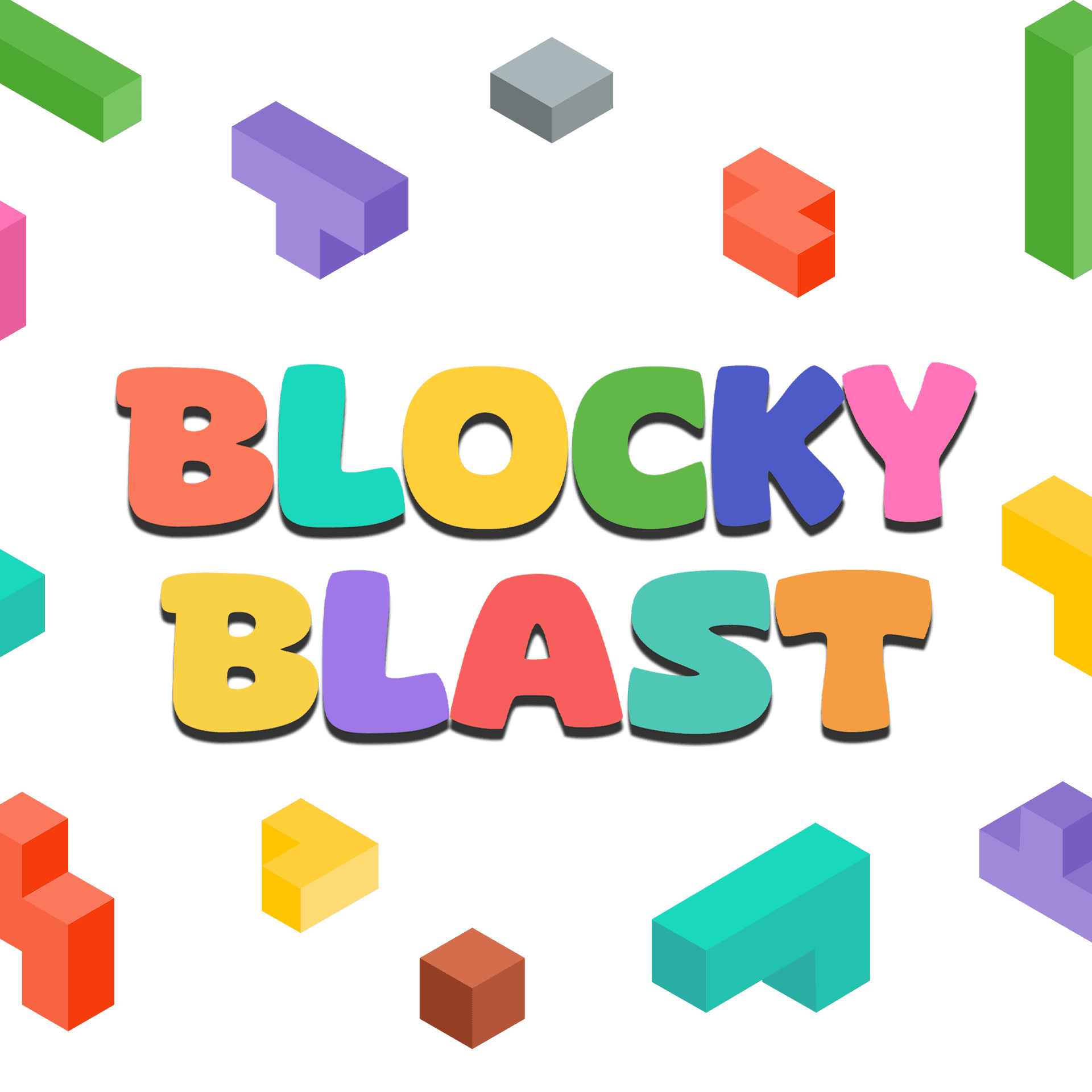 Colorful Blocky Blast game logo with 3D block shapes scattered around on a white background.