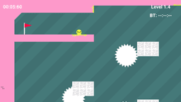 Colorful Boi 2 - Green and pink level showing the character near a checkpoint with spinning saw blades ahead.