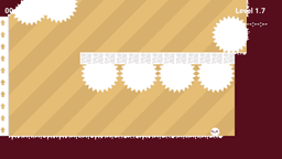 Colorful Boi 2 - Yellow and red level filled with saw blades hanging from a ceiling platform, with the character at the right.