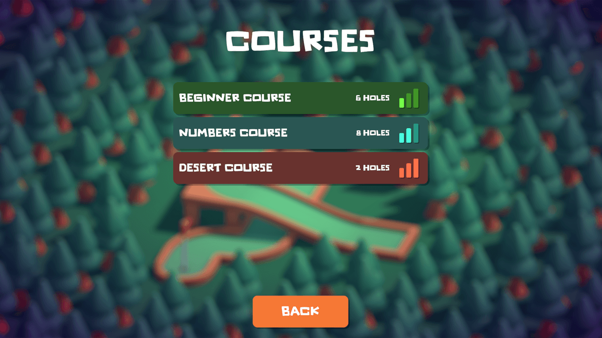 Courses menu listing Beginner (6 holes), Numbers (8 holes), and Desert (2 holes) with a Back button.