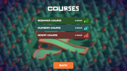 Courses menu listing Beginner (6 holes), Numbers (8 holes), and Desert (2 holes) with a Back button.