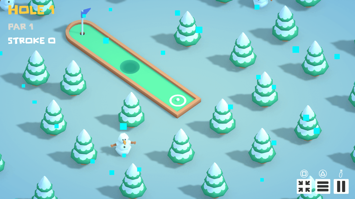Snow course — Hole 1, Par 1; narrow lane with a hazard pit, falling particles, snowman, and snow-tipped pines.