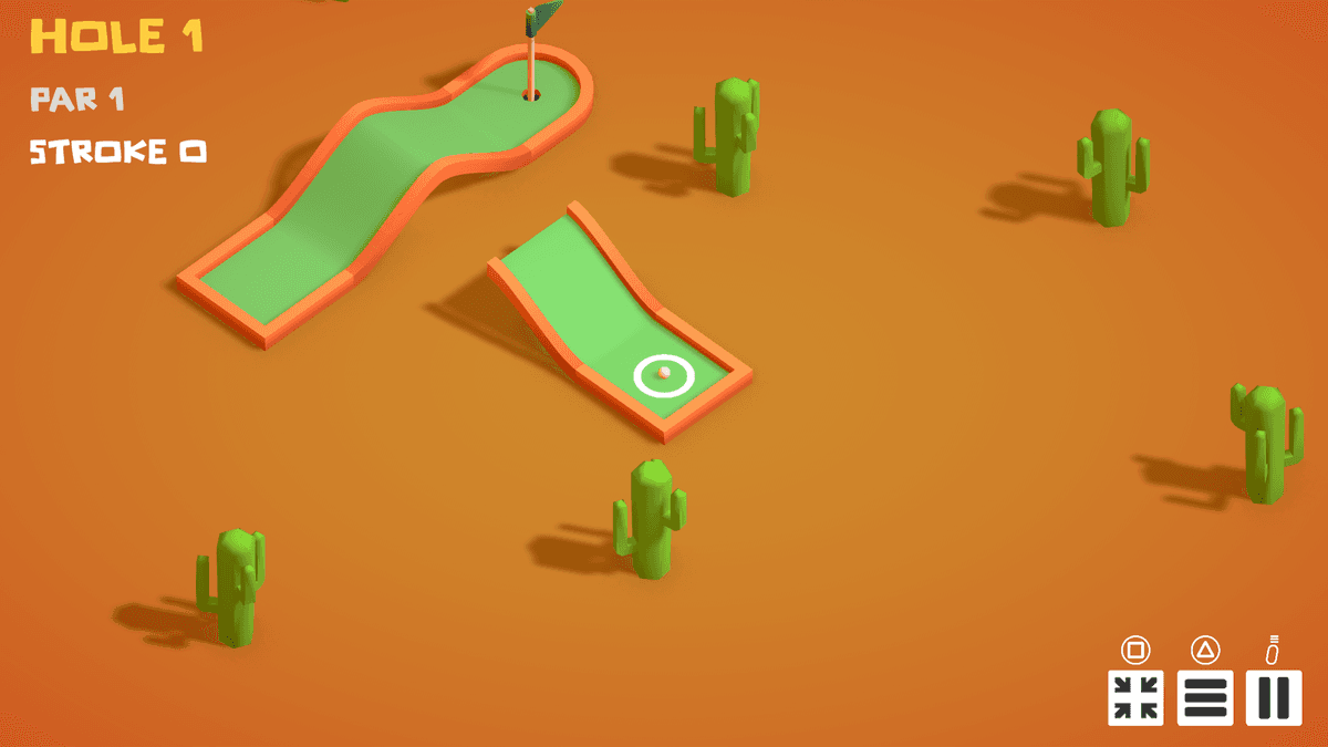Mini-golf desert hole with a ramp and cacti; HUD shows “Hole 1, Par 1, Stroke 0” and control icons in the corner.