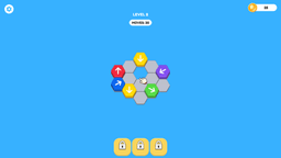 Hex Park - level 2 beginner hexagon arrow puzzle with 30 moves and six colored blocks around a central empty tile