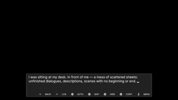 I Made Her Up”—Chinese text narration on a black screen with VN controls (Back, Log, Auto, Skip, Hide, Continue, Menu) along the bottom.