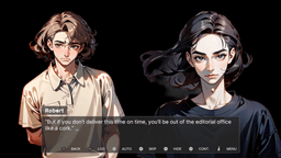 Luna’s portrait centered in a sunlit, messy newsroom/office; dialogue: “The character—I’ve already created her. Luna now has an appearance, a personality…”