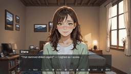 Lamplighter - close-up of Diana in a cozy bedroom, freckles and green eyes; she remarks about “that damned dream again.”