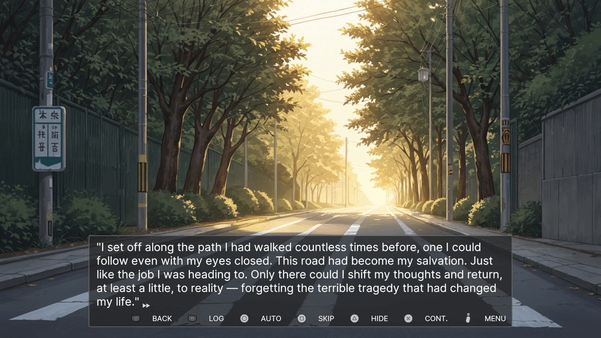 Lamplighter - sunlit, tree-lined suburban road at dawn; narration about walking a familiar path to clear the mind.