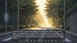 Lamplighter - sunlit, tree-lined suburban road at dawn; narration about walking a familiar path to clear the mind.