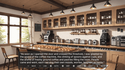 Lamplighter - warm bakery café interior with trays of pastries and coffee machines; narration evokes aroma and bustling sounds.