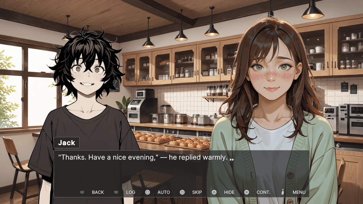 Lamplighter - café scene—Diana with Jack (messy black hair, dark tee); dialogue says, “Thanks. Have a nice evening.”