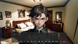 Morning - Ash stands in a warmly lit bedroom with classic wooden furniture and portraits on the walls. His expression is serious and tense as he remains silent.