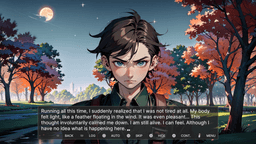 Morning - Ash stands in a peaceful moonlit park surrounded by autumn trees. Despite the uncertainty, he begins to feel light and calm as he acknowledges he’s still alive.