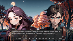 Morning - Under a starlit sky in an autumn forest, Nira suggests to Ash that they go to the city center to find others. Ash stands beside her, silent and watchful.