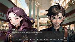 Morning - Nira and Ash stand in the bright, airy interior of a shopping center. Nira begins to describe what the place offers, starting with books and electronics.