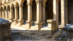 Past Easter - A kitchen interior with sunlight streaming through a window. The girl in the white robe looks curious, holding a stick, while Easter eggs rest in a basket on the table.