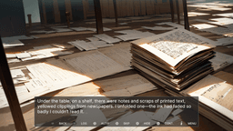 Puppet Theater – A long wooden table is covered in scattered documents, old yellowed newspaper clippings, and faded notes. 