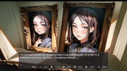 Puppet Theater – Two portraits in ornate golden frames sit side by side on a dressing table. Both display the same girl with striking green eyes.
