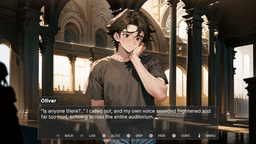 Puppet Theater – Oliver stands inside a vast, cathedral-like auditorium with tall arches and classical architecture.