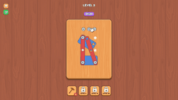 Screw Master -  Level 3 puzzle with red and blue wooden pieces screwed together, showcasing the game interface.