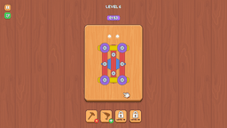 Screw Master - Level 6 puzzle featuring a symmetrical structure with multiple colored parts and screws.