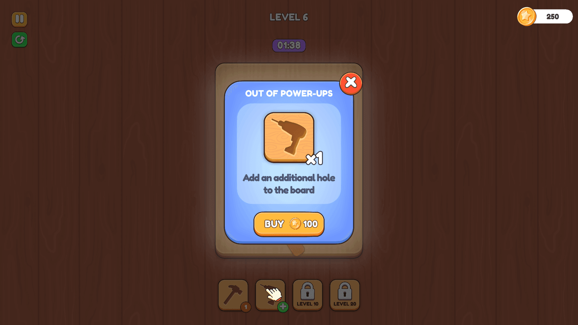 Screw Master -  Power-up popup showing a drill icon, offering an option to add an additional hole to the board.