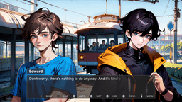 Secret: Edward and Ethan talk at a train station as a red tram approaches in the background.