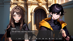 Secret: Ethan and the girl stand in front of a grand mansion entrance with ornate architecture.