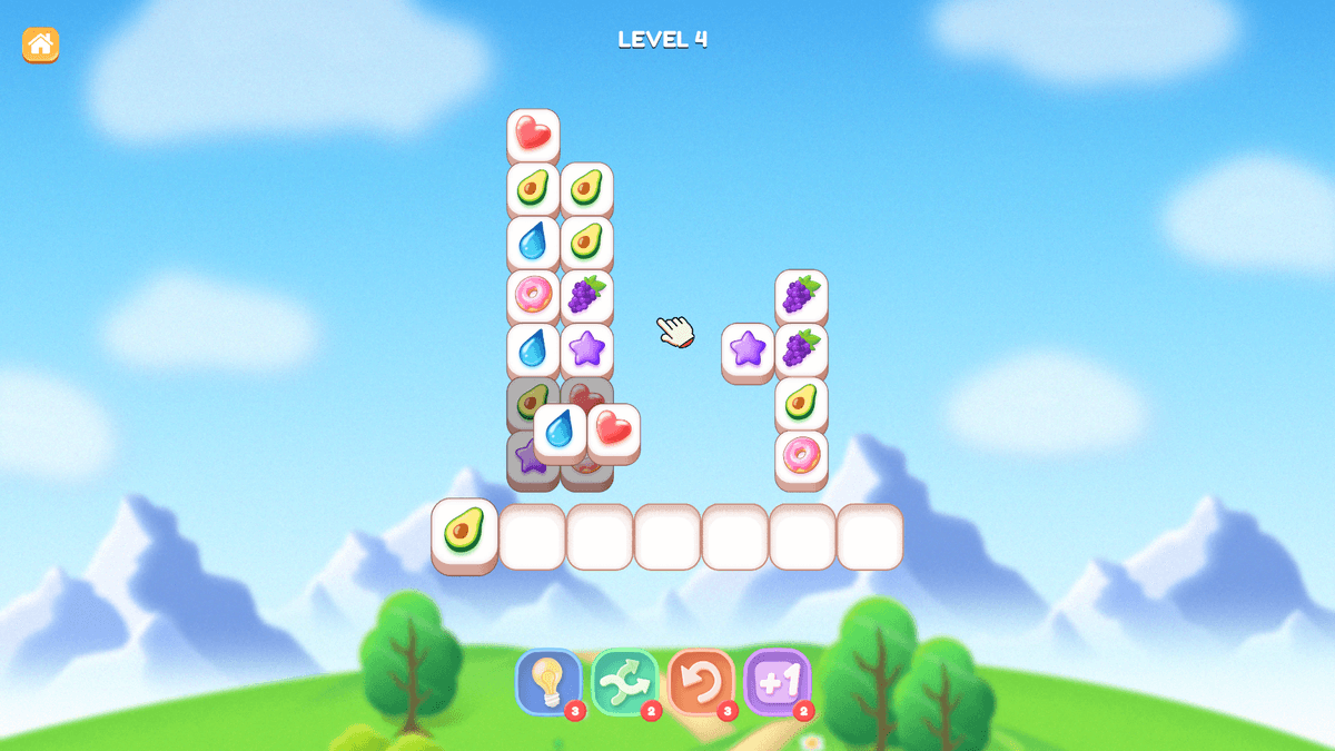 Tile Jong -  A match-three tile puzzle game at Level 4, where tiles are significantly reduced, forming two vertical stacks. The player has collected multiple matching tiles, and the cursor is selecting another tile.