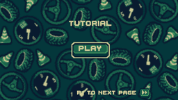 Turbo Hyper Drive car select screen—retro pixel car centered with left/right arrows and ‘Select’ button over a steering-wheel and tire background.