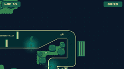 Turbo Hyper Drive race countdown—big ‘1’ on the grid with control hints (R2 Forward, Steer) and objective ‘Complete the circuit four times,’ ramps visible.