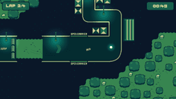 Turbo Hyper Drive gameplay—car drifts through a sharp corner on a neon-lit top-down track toward a jump ramp; LAP 1/4 and 00:23 timer shown.