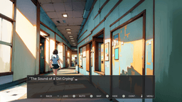 When the bell goes silent - A quiet school hallway painted teal and orange is bathed in afternoon sunlight. A girl in a sailor school uniform walks alone toward the far end of the corridor, her shadow trailing behind her.