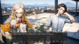 When the bell goes silent - On the rooftop of the school overlooking a cityscape and mountains in the distance, Miyu stares sternly ahead while Souta stands beside her.