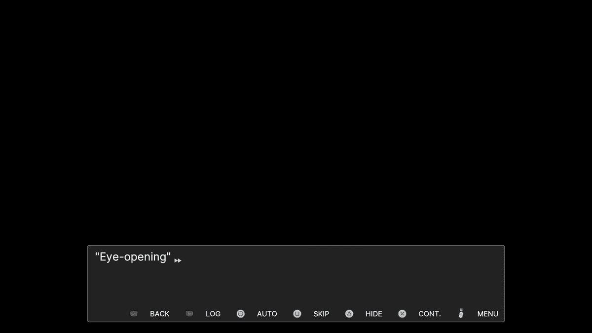 For a frew minutes - A black screen with the dialogue box displaying the phrase “Eye-opening,”