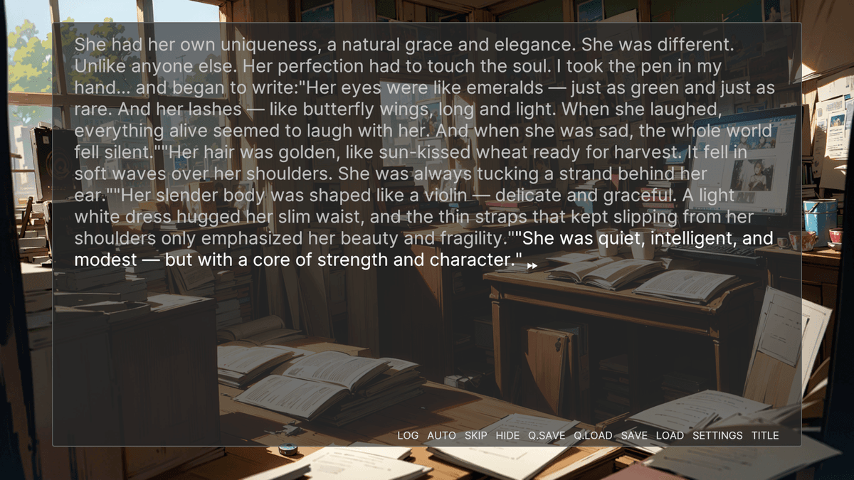 Close-up of Dan on black background; dialogue box with anxious self-talk about thinking and having no other skills; VN interface icons visible.