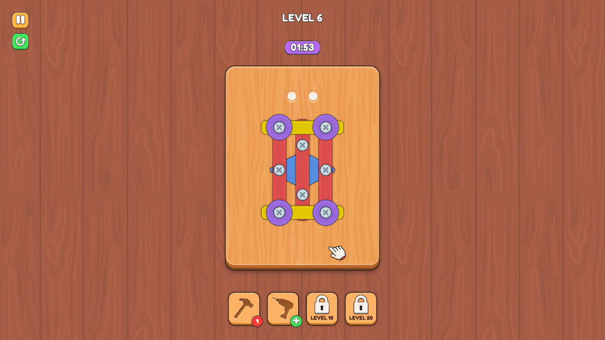 Screw Master - Level 6 puzzle featuring a symmetrical structure with multiple colored parts and screws.