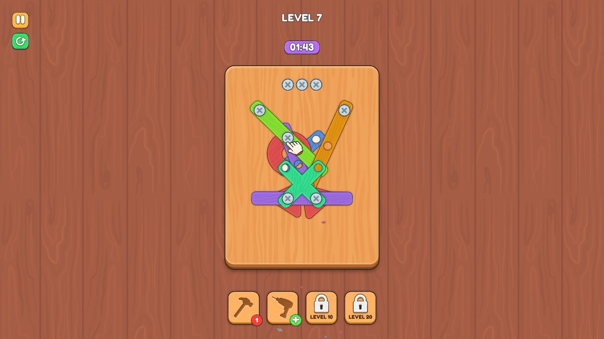 Screw Master -  Level 7 with colorful intersecting wooden beams, player unscrewing a green piece.