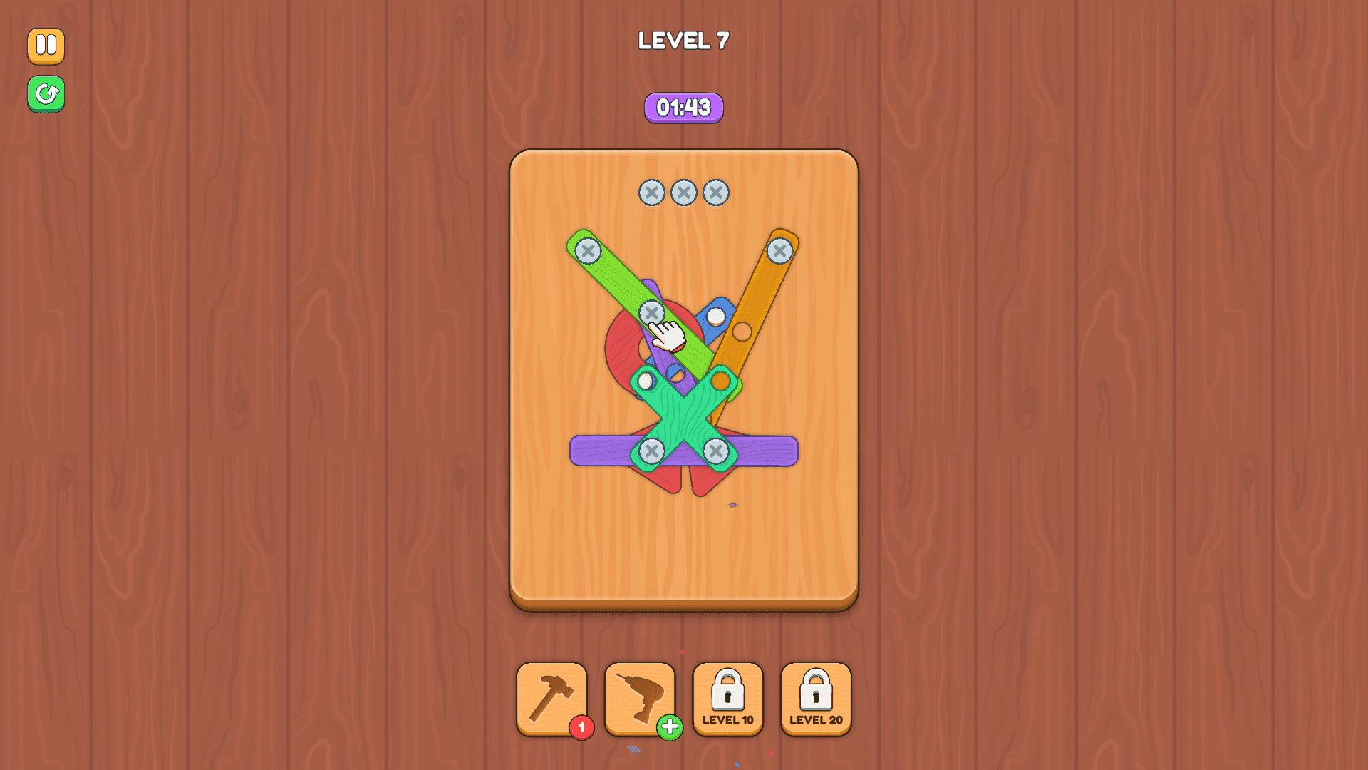 Screw Master -  Level 7 with colorful intersecting wooden beams, player unscrewing a green piece.