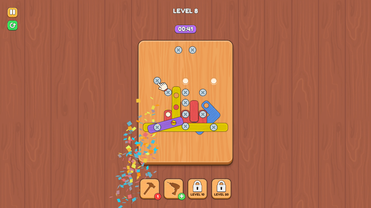 Screw Master - Screws and pieces flying apart with confetti in Level 8 after solving the puzzle.