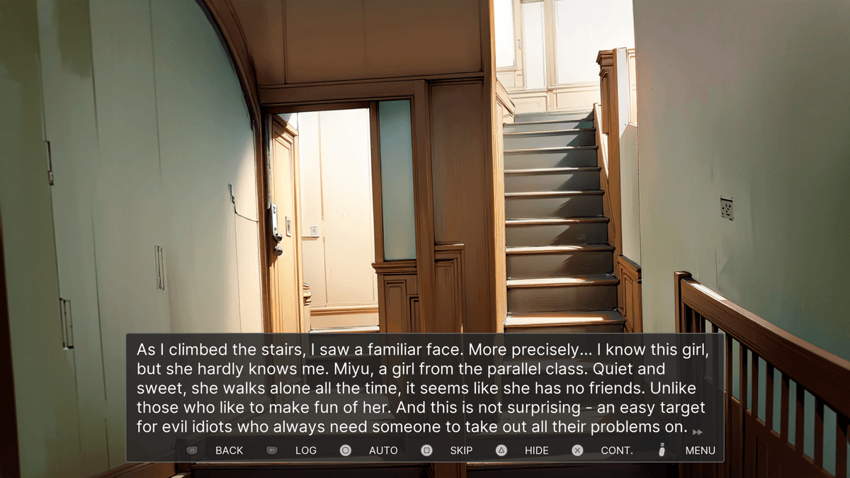 When the bell goes silent - A view of a dimly lit stairwell in the school. The narrator describes seeing a familiar girl, Miyu, from a parallel class. 