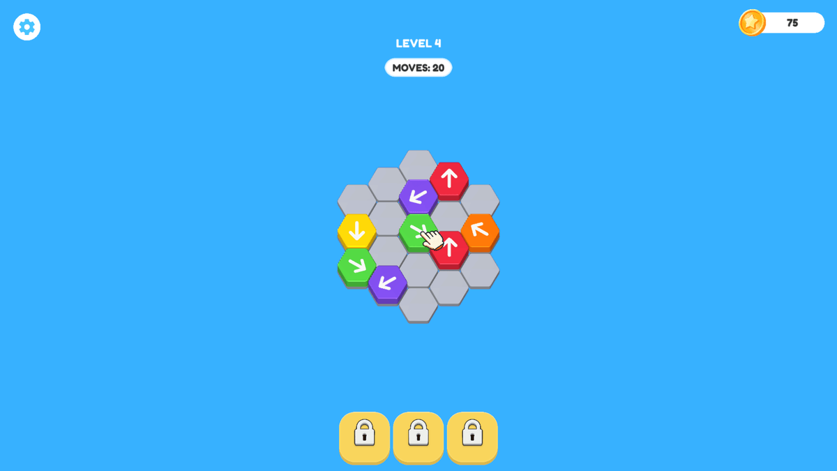 Hex Park - gameplay with colored hexagon arrow blocks, 20 moves remaining, coin counter and three locked power ups