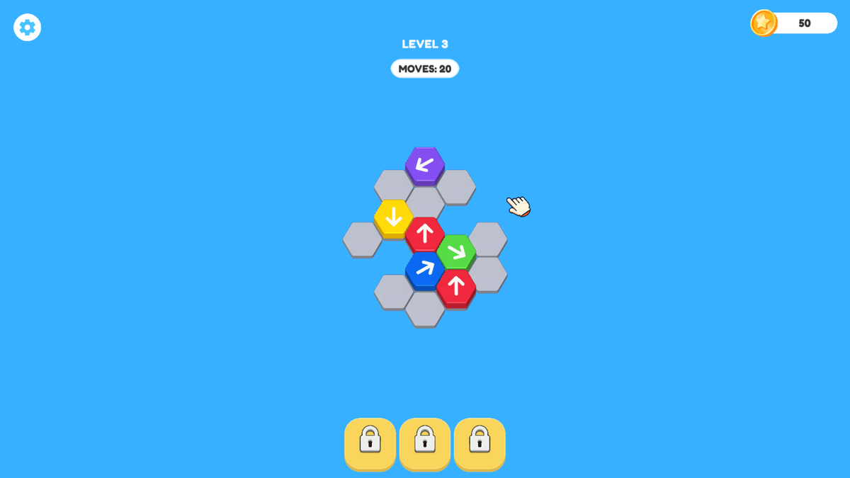 Hex Park - hexagon arrow block puzzle on blue background with 20 moves and mixed colored tiles in the center