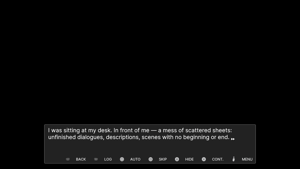 I Made Her Up”—Chinese text narration on a black screen with VN controls (Back, Log, Auto, Skip, Hide, Continue, Menu) along the bottom.