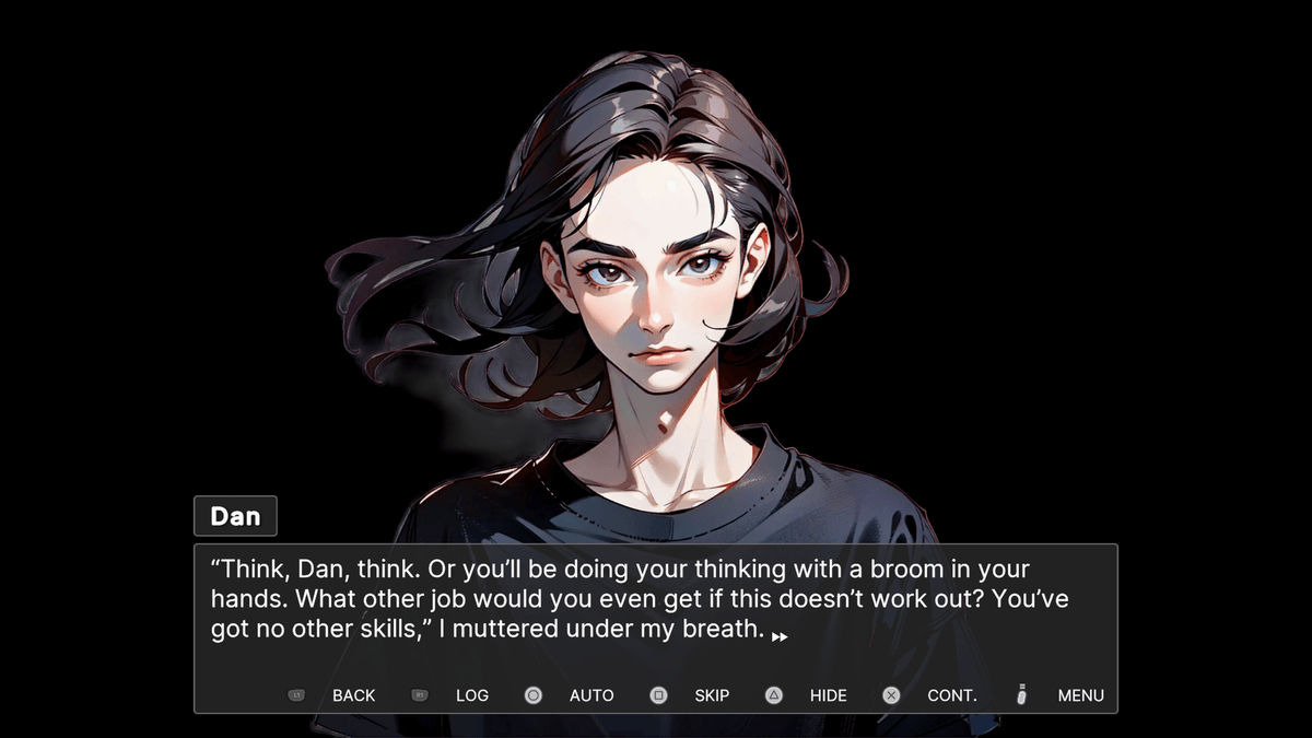 I Made Her Up” — English narration on a black screen: “I was sitting at my desk… unfinished dialogues, descriptions…” with standard visual-novel controls.