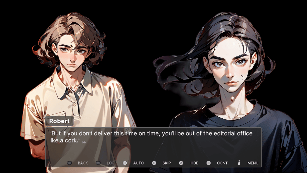 Luna’s portrait centered in a sunlit, messy newsroom/office; dialogue: “The character—I’ve already created her. Luna now has an appearance, a personality…”