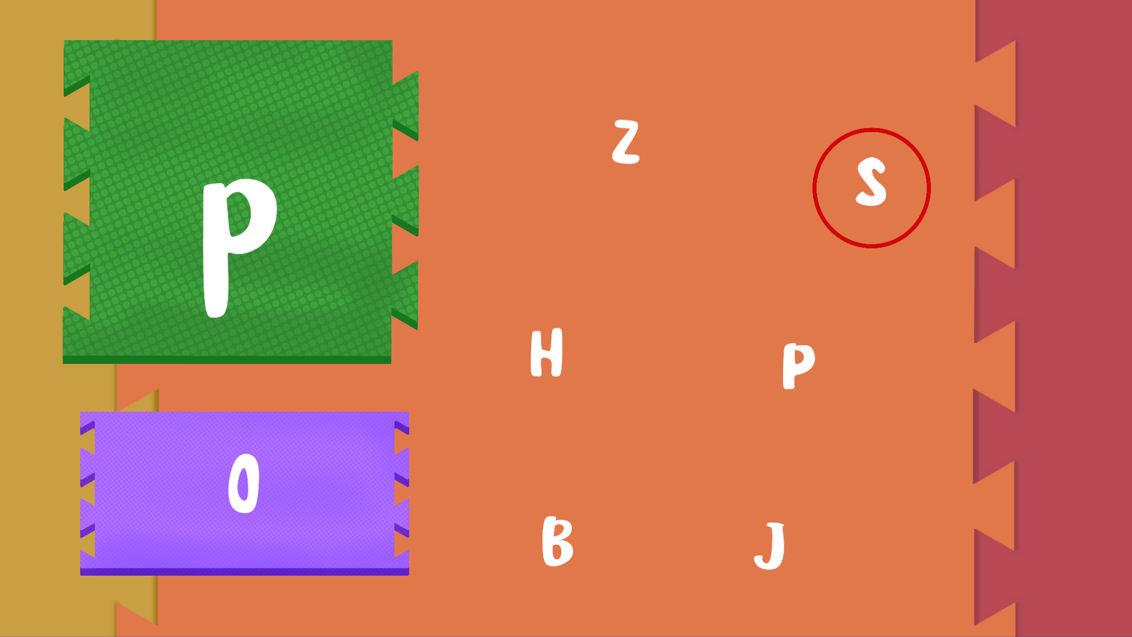 Learn the Letters gameplay screenshot showing letter learning puzzle