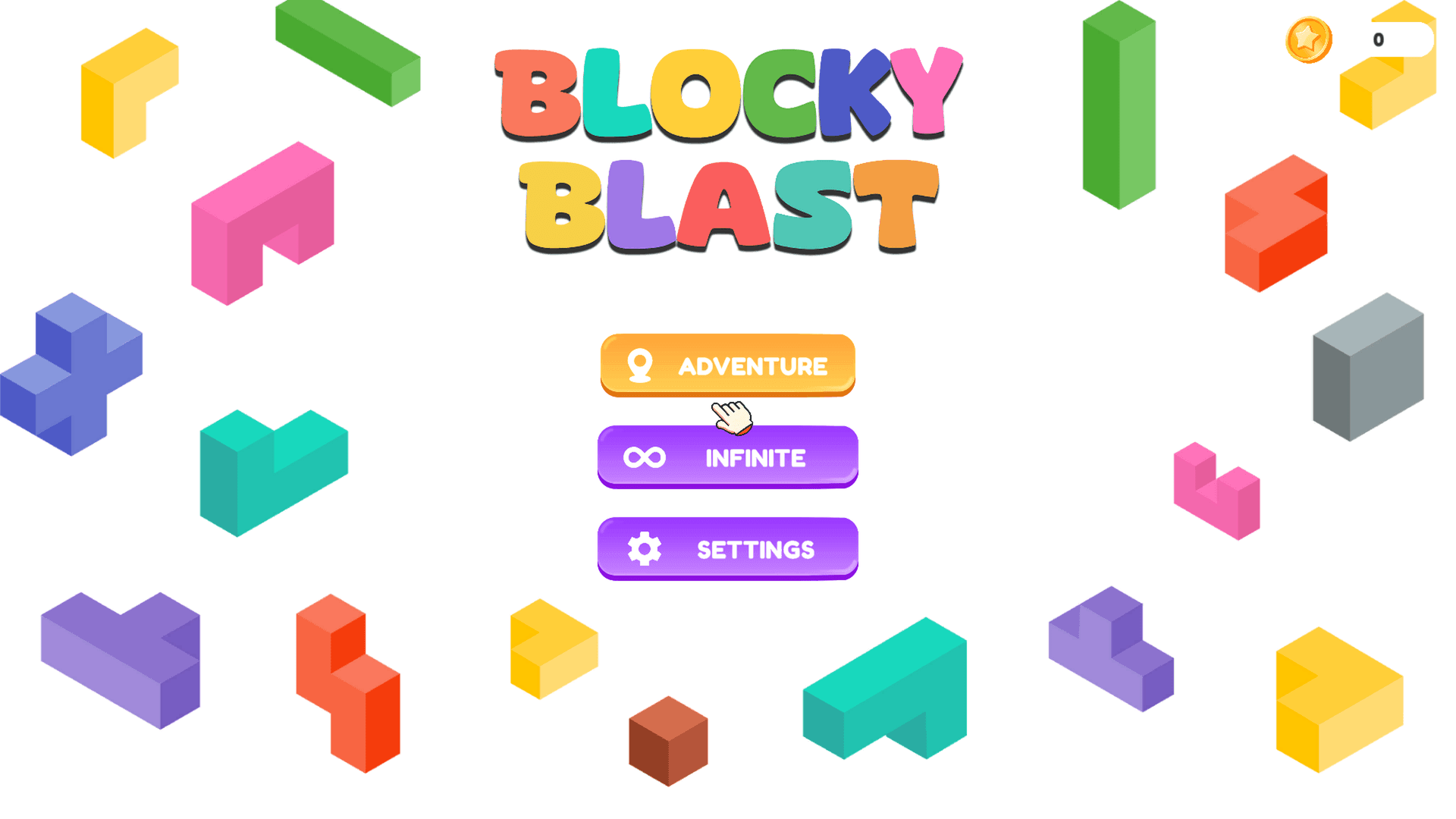 Blocky Blast - Main menu of Blocky Blast game featuring colorful block designs with Adventure, Infinite, and Settings options.