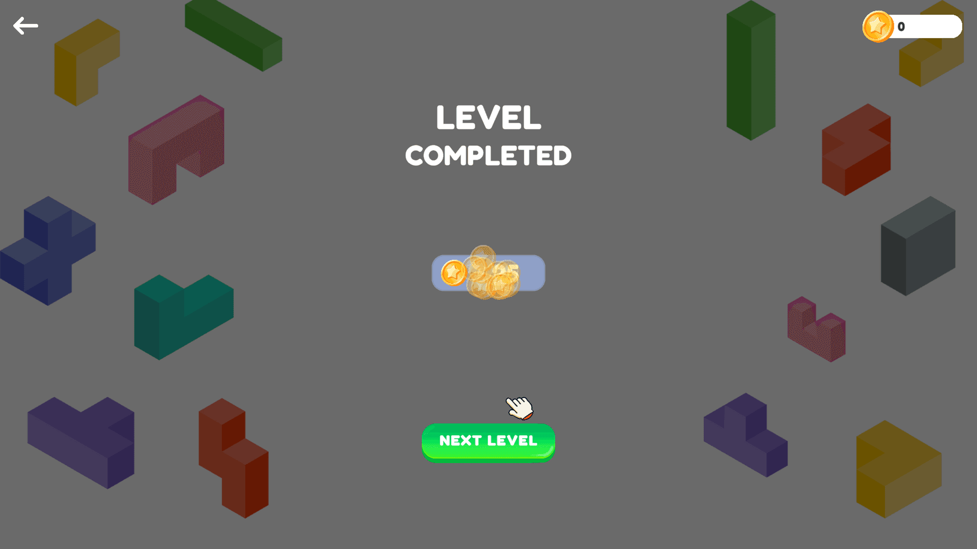 Blocky Blast - Blocky Blast level completed screen showing coins earned and a Next Level button.