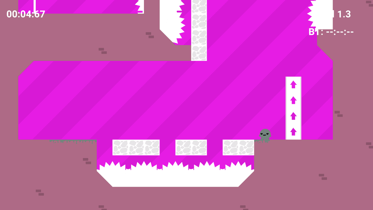 Colorful Boi 2 - – Purple-themed level with spikes below and the character next to a vertical launcher block.